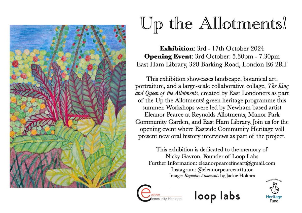 Eleanor Pearce (@eleanorpearce) on Twitter photo Join us this Thursday for the grand opening of Up the Allotments! at East Ham Library. All welcome!
This green heritage programme is generously supported by <a href="/HeritageFundL_S/">The National Lottery Heritage Fund London & South</a>
with partners <a href="/l00plabs/">LOOP LABS</a> and <a href="/EastsideCH/">Eastside Community Heritage</a> Join us this Thursday for the grand opening of Up the Allotments! at East Ham Library. All welcome!
This green heritage programme is generously supported by <a href="/HeritageFundL_S/">The National Lottery Heritage Fund London & South</a>
with partners <a href="/l00plabs/">LOOP LABS</a> and <a href="/EastsideCH/">Eastside Community Heritage</a>