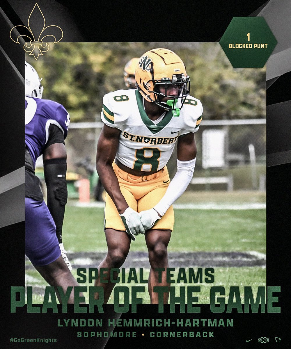 PLAYERS OF THE GAME VS ROCKFORD

Offense: WR - Mitch Van Vooren 
Defense: LB - Kyle Santos
ST: CB - Lyndon Hemmrich-Hartman

🟢⚔️🟡
#GoGreenKnights l #GKC