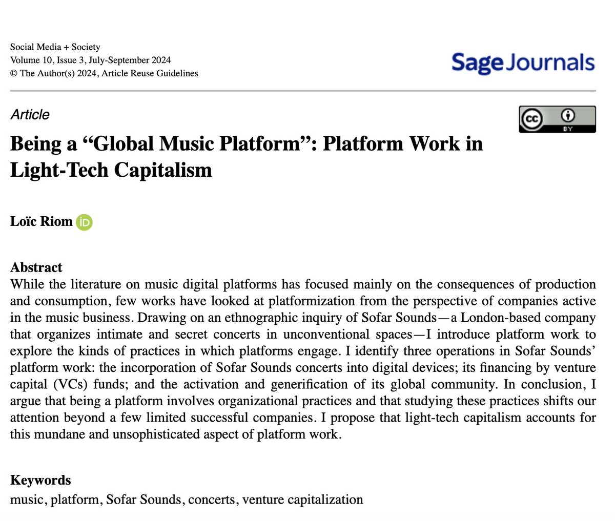 Loïc Riom (@loicriom) on Twitter photo 🎶 Last week, <a href="/SocialMedia_Soc/">Social Media+Society</a> published my new article:
“Being a ‘Global Music Platform’: Platform Work in Light-Tech Capitalism”.
Here’s a thread to explore what it's about. (Retweets appreciated!) 🧵👇
journals.sagepub.com/doi/10.1177/20…
1/8 🎶 Last week, <a href="/SocialMedia_Soc/">Social Media+Society</a> published my new article:
“Being a ‘Global Music Platform’: Platform Work in Light-Tech Capitalism”.
Here’s a thread to explore what it's about. (Retweets appreciated!) 🧵👇
journals.sagepub.com/doi/10.1177/20…
1/8