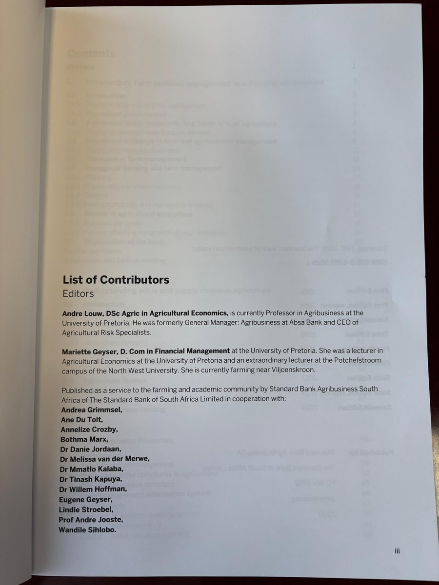 WandileSihlobo's tweet photo. We used this textbook, “Finance and Farm Management” during my undergraduate studies. At the time, it was called “Finance and Farmers”.

I think I speak for all South African agricultural economists in expressing deep gratitude to @StandardBankZA  for supporting the book for over 40 years – the first edition was in 1981.

It is also deeply gratifying to be one of the contributors to the latest addition. The South African universities will now use this newest addition in their classes.

But the book is truly for all practitioners in the sector, not just students. The latest chapters we added also have a policy angle, further enriching the book.

Thanks to Prof Andre Louw and Dr Mariette Geyser, who led the project. We launched the book today at Standard Bank.

Huge thanks to the Bank’s colleagues, Bill Blackie, Simone Cooper, Brendan Jacobs, Louis van Ravesteyn, Dieter Bruijns, Mc Loock, Esethu Ntwendala and Keneilwe Nailana.

Fellow panellists -- huge thanks to Kholofelo Thobejane, Danie Jordaan, and Melissa van der Merwe.

Many thanks to the contributors and all the folks who made this project a success.