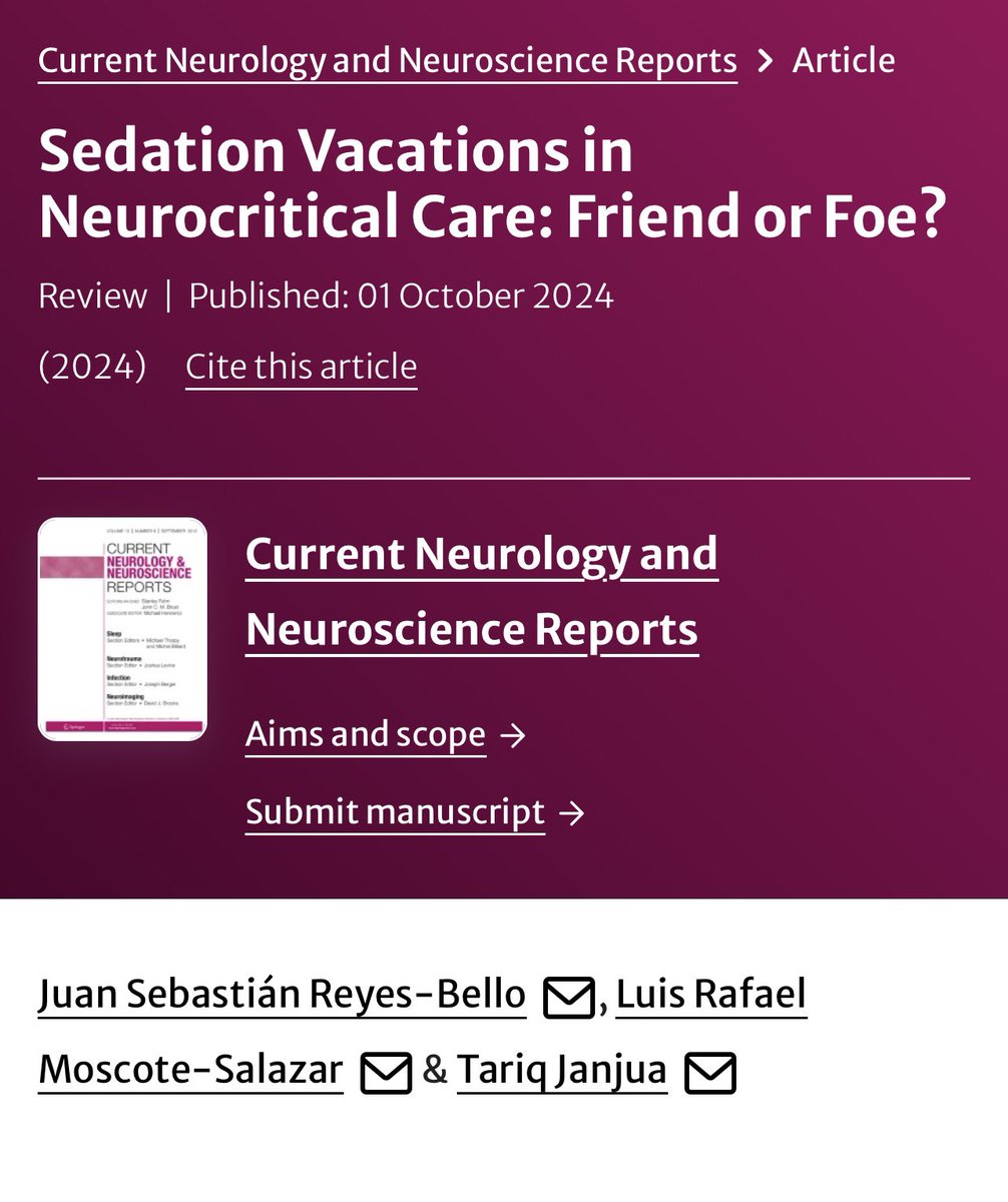 Jsreyes972's tweet photo. Thrilled to share our most recent publication in Neurocritical Care. Thank you @iammoscote for your mentoring and support! #neurology #review #sedation #Criticalcare

https://t.co/gffPQOYXeo https://t.co/YsgbOpmeFK
