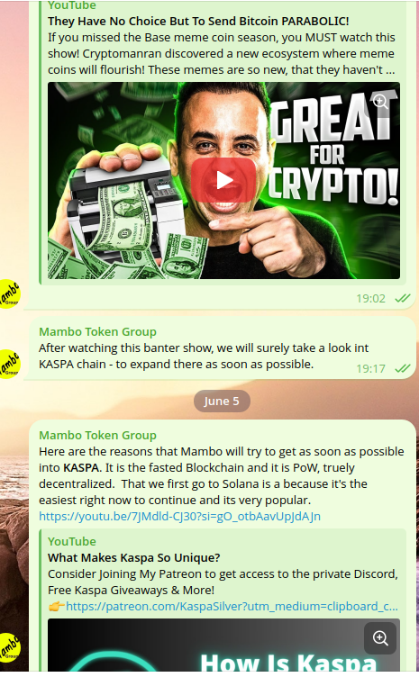 MamboCoins's tweet photo. On June 4 to June 5 Mambo made the transition from looking arround where to go (in sol /ton / base) and finally found Kaspa. Since then Mambo is day and night occupied to develop the best possibe Memecoins and Solidcoins  - snapshot of the chat below historical event https://t.co/mrzBBQNHL5