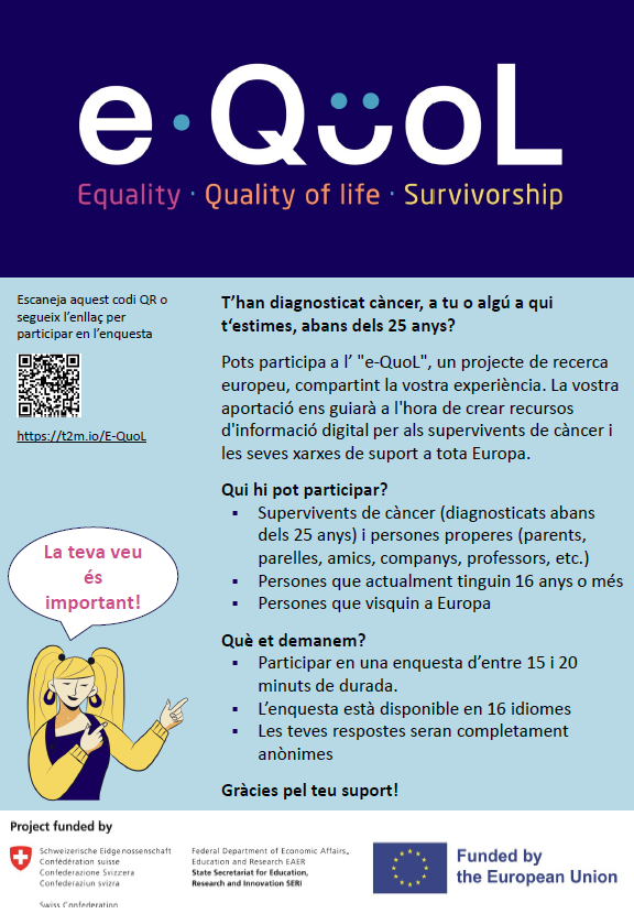 Participa en un projecte de recerca europeu sobre les necessistats dels supervivents de càncer durant la infància, l'adolescència i la joventud, i de les seves persones properes.
Enllaç:  lnkd.in/d4z6nhAj
<a href="/hospitalclinic/">Hospital Clínic</a> <a href="/ISGLOBALorg/">ISGlobal</a>