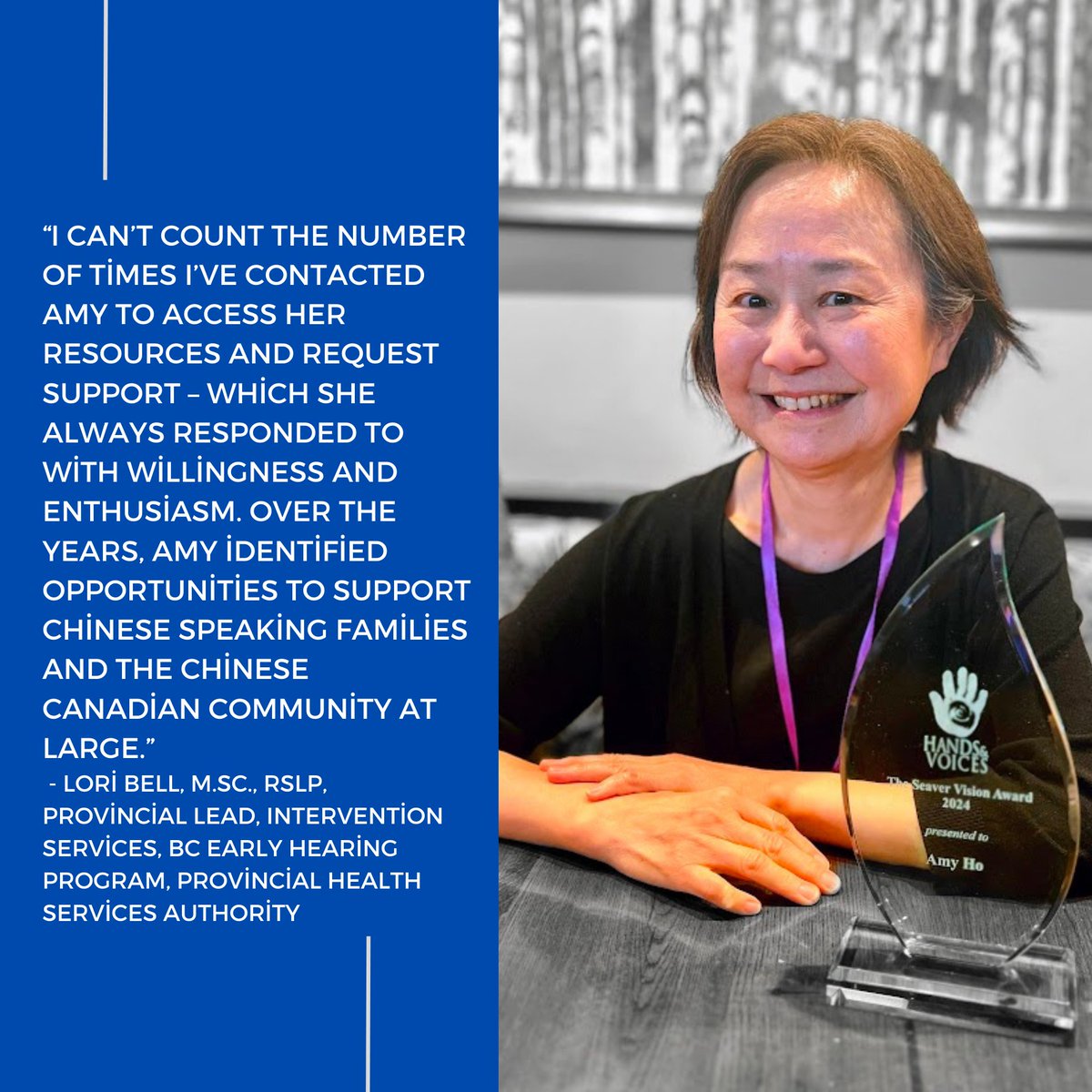 HandsandVoices's tweet photo. Congratulations to the 2024 Seaver Vision Award Winner Amy Ho. Amy has been a BC Hands &amp; Voices Board Member and Parent Guide since both were started in British Columbia, Canada in 2008.
https://t.co/ZGHObJU9My https://t.co/8bmK5c3K4M