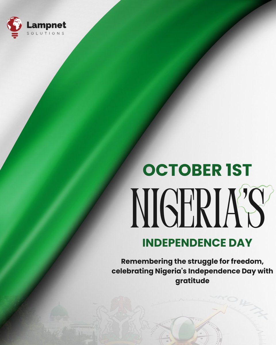 LampnetS's tweet photo. Happy Independence Day, Nigeria! 🇳🇬  
At LampNet Solutions, we believe in a future driven by freedom and innovation. 

Here's to a brighter, digital future for Nigeria! 🌍💡

#NigeriaAt64 #independencedaynigeria #ITConsulting #LampNetSolutions #TechSolutions https://t.co/k0YW2gUlHQ
