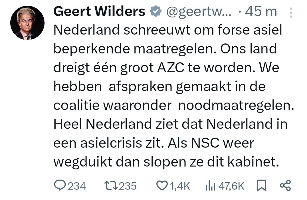 Nee Geert, jij schreeuwt, gilt en spartelt als een kleuter die op de grond ligt in het gangpad van de supermarkt omdat ie z'n zin niet krijgt van z'n moeder.
Ga lekker met #vroegpensioen gast en maak daarmee de wereld een beetje mooier.
#Wilders #PVV