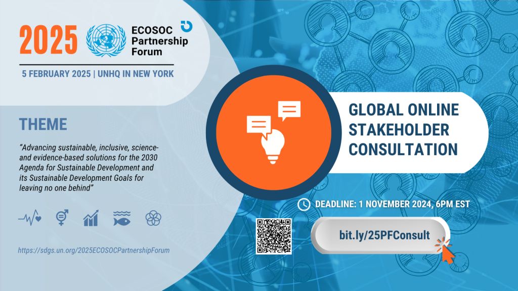 SustDev's tweet photo. 📢 Join the global online consultation for the 2025 ECOSOC Partnership Forum!

Share your views to help shape sustainable, inclusive solutions for the #2030Agenda &amp; #SDGs 🌍
🗓 Deadline: 1 Nov 2024
🔗 Submit: https://t.co/RXtlRjtyHB 
ℹ️ : https://t.co/wdHwDDuaWV https://t.co/D3kLYJjZCE