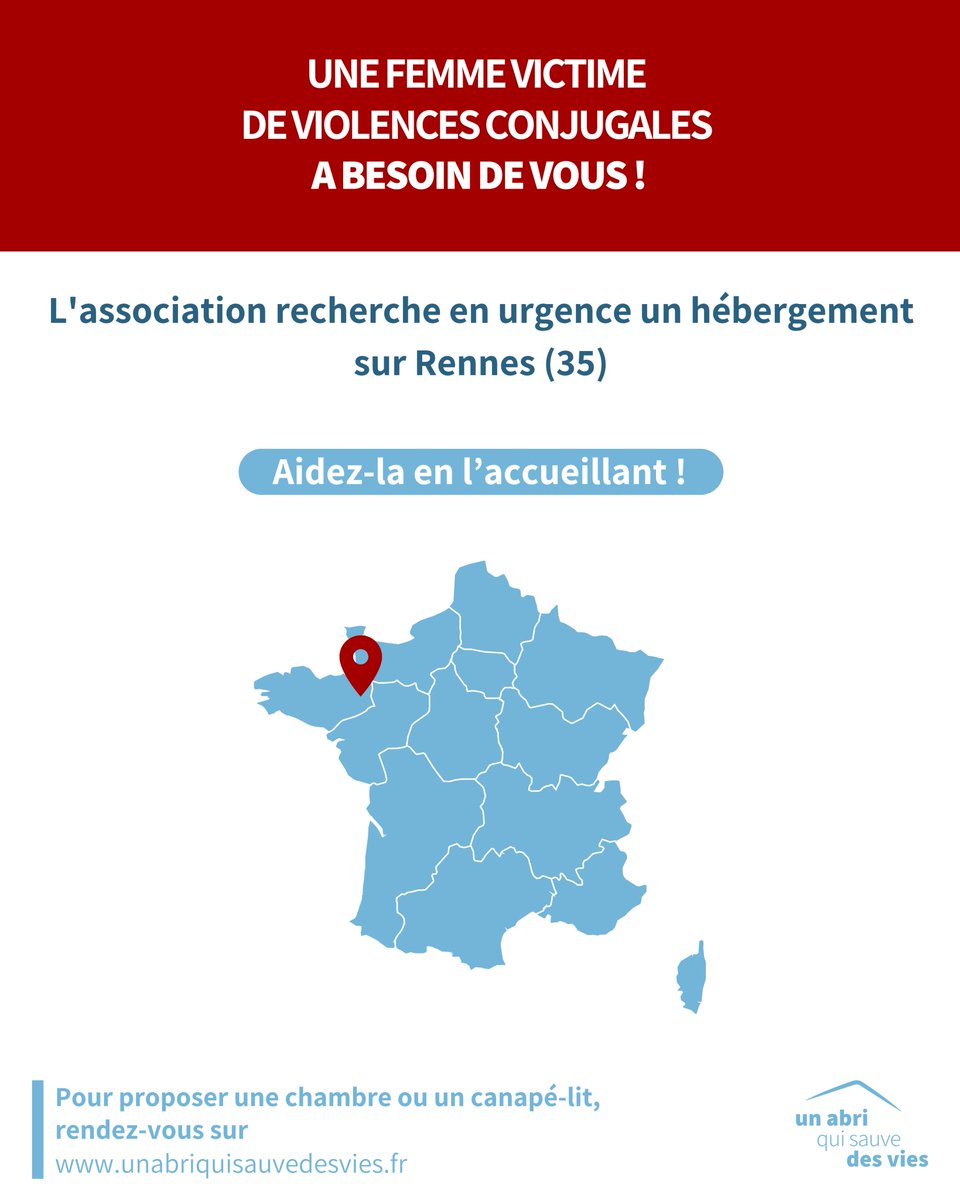abriquisauve's tweet photo. ⚠️ URGENCE #VIOLENCESCONJUGALES⚠️

Un abri qui sauve des vies recherche un lieu sûr pour héberger en urgence une femme à 📍#Rennes (35)

Pour l’aider, vous pouvez l'accueillir.

La durée est déterminée selon vos disponibilités.

Merci de partager 🙏 https://t.co/izjHsUz8fB