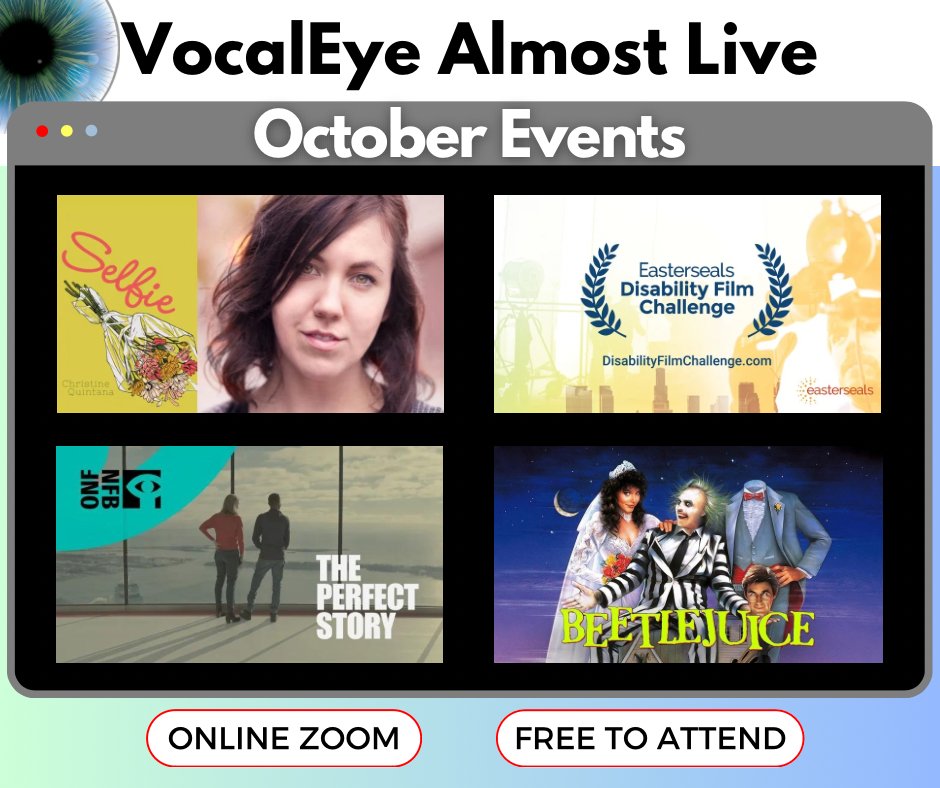 vocaleye's tweet photo. 🧿))) Fall is here, and so is our October Almost Live lineup!
Read the details in our monthly e-news: https://t.co/AEoDoedxKr
#VocalEye #AlmostLive #AccessArt #JoinTheCommunity https://t.co/ernTHlls9e