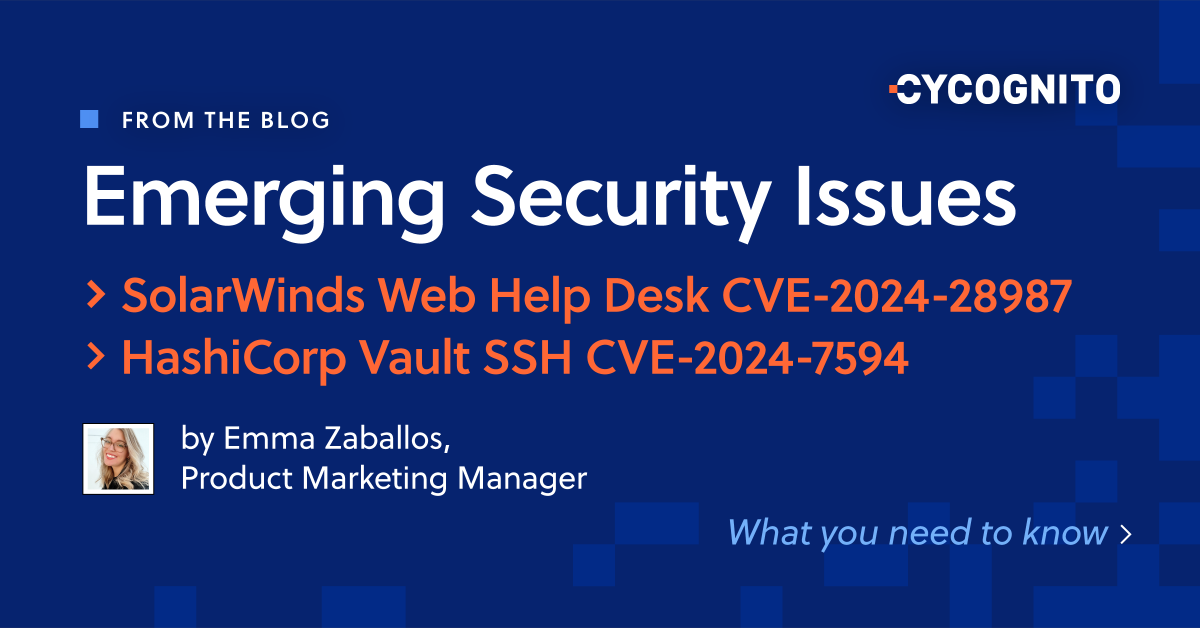 CyCognito's tweet photo. 🚨 2 Critical Vulnerability Alerts 🚨

SolarWinds Web Help Desk (CVE-2024-28987) allows remote access to WHD endpoints. Act fast. https://t.co/WaCkHn0j4K

HashiCorp Vault SSH (CVE-2024-7594) could lead to unrestricted SSH access. https://t.co/Lrm8Z6dtCx https://t.co/M7vHvAY97R