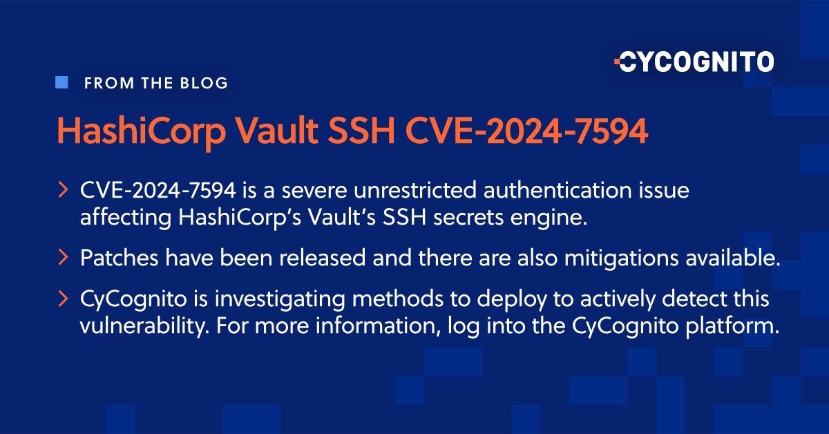 🚨 2 Critical Vulnerability Alerts 🚨

SolarWinds Web Help Desk (CVE-2024-28987) allows remote access to WHD endpoints. Act fast. bit.ly/3Borx9L

HashiCorp Vault SSH (CVE-2024-7594) could lead to unrestricted SSH access. bit.ly/4gMJIWQ