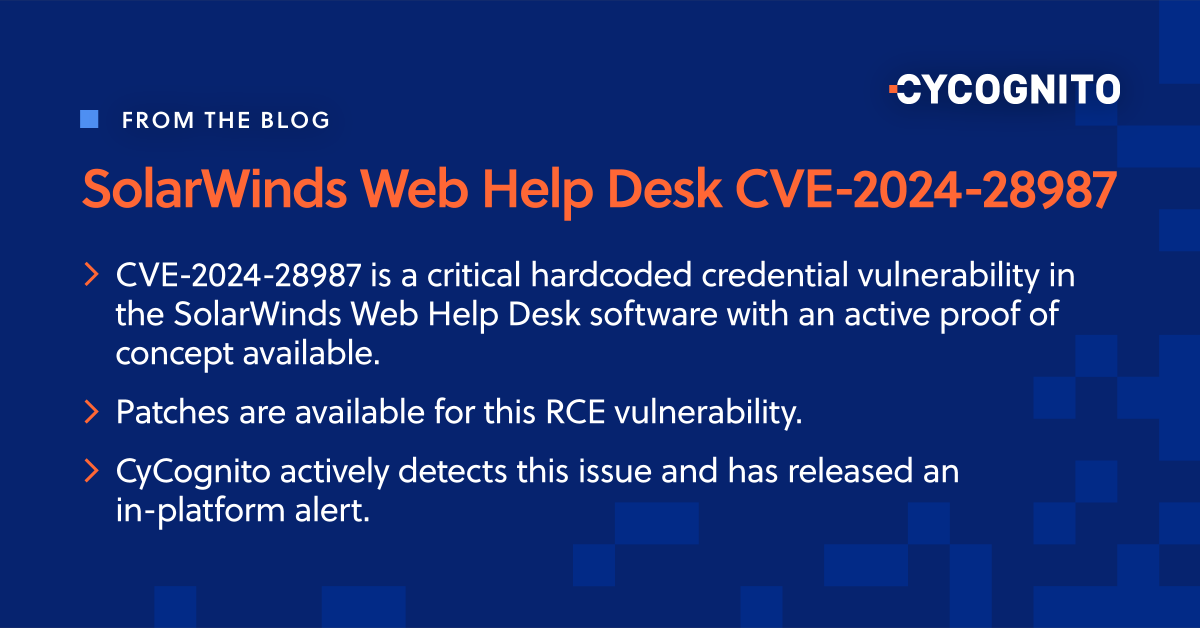 CyCognito's tweet photo. 🚨 2 Critical Vulnerability Alerts 🚨

SolarWinds Web Help Desk (CVE-2024-28987) allows remote access to WHD endpoints. Act fast. https://t.co/WaCkHn0j4K

HashiCorp Vault SSH (CVE-2024-7594) could lead to unrestricted SSH access. https://t.co/Lrm8Z6dtCx https://t.co/M7vHvAY97R