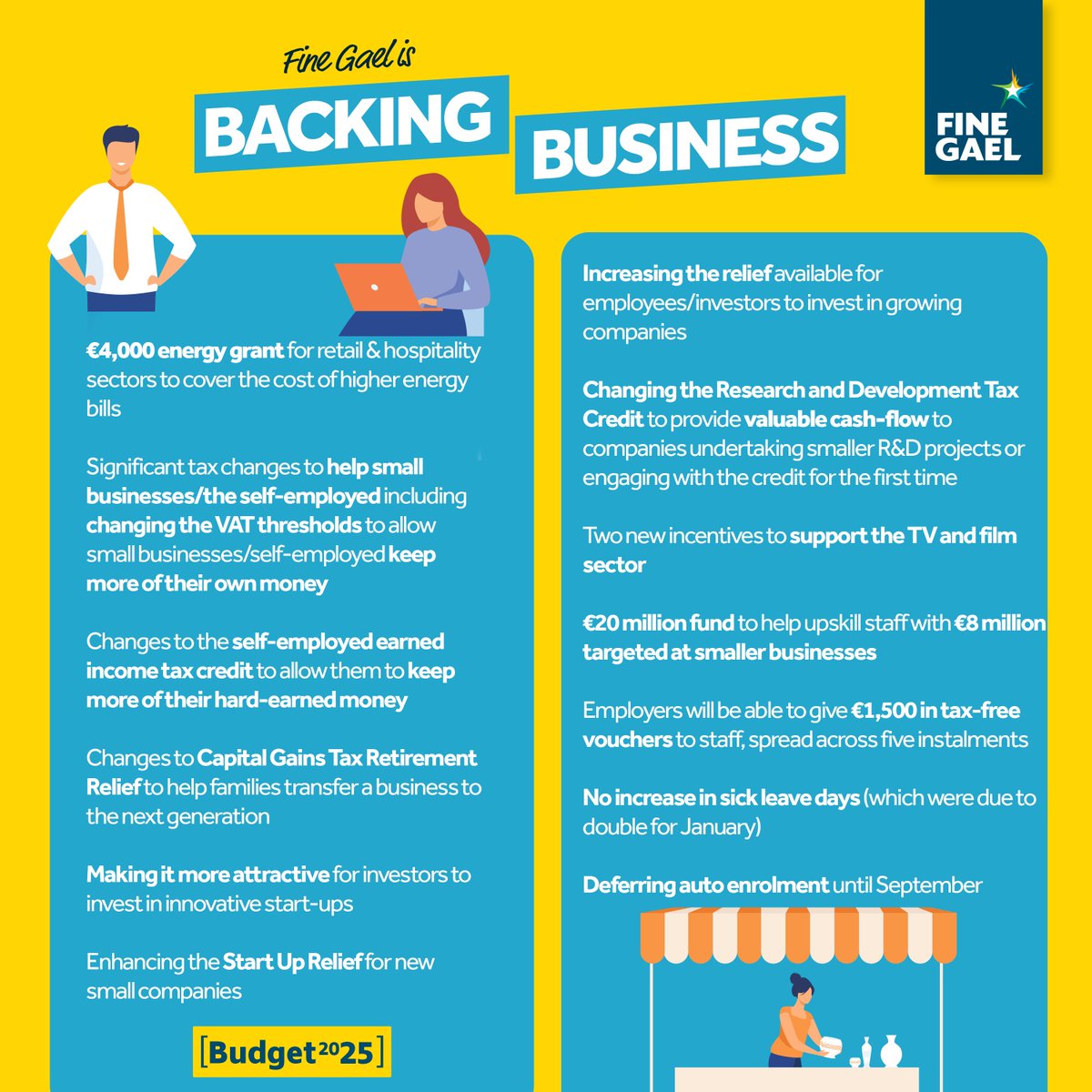 FineGael's tweet photo. Fine Gael is backing business in #Budget2025. 

For more: https://t.co/ykpQjvS9K8 https://t.co/ft04wyVjGg