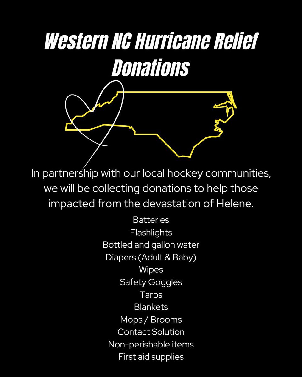 🚨WNC Hurricane Relief Donation Drives happening this weekekend at the @ncstatehockey and @tarheelhockey games! 

Can’t make it to a game? We will be accepting donations at our shop (1401 Diggs Drive Suite E, Raleigh) and transporting items to both NCSU and UNC games.
