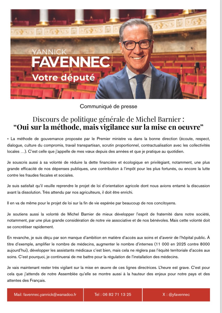 yfavennec's tweet photo. Mon « oui… mais » au discours de politique générale du Premier ministre ⁦@MichelBarnier⁩ cet après midi devant l’⁦@AssembleeNat⁩ : ⁦ https://t.co/3lDFRaMx8C