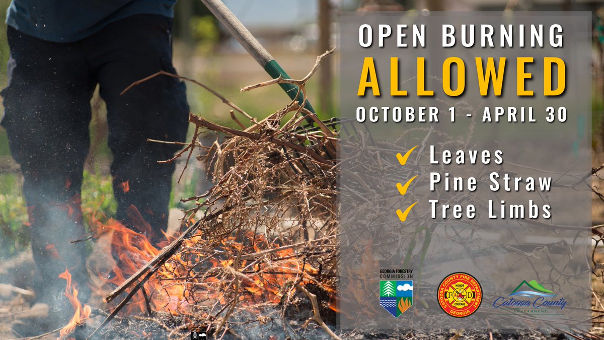 Burning natural vegetation OK thru Apr. 30.  Ag. &amp; land clearing burns require permit. Call Catoosa Co. Fire Dept.  for more 706-861-4194 or see GA Forestry Comm at  tinyurl.com/2ccsprsu
<a href="/GaTrees/">GAForestryCommission</a> <a href="/catoosaconnects/">Catoosa County Chamber of Commerce</a> <a href="/CatoosaUtility/">Catoosa Utility District Authority</a>
<a href="/WRCBtv/">WRCB</a> <a href="/newschannelnine/">WTVC NewsChannel 9</a> <a href="/wdefnews12/">WDEF News 12</a>