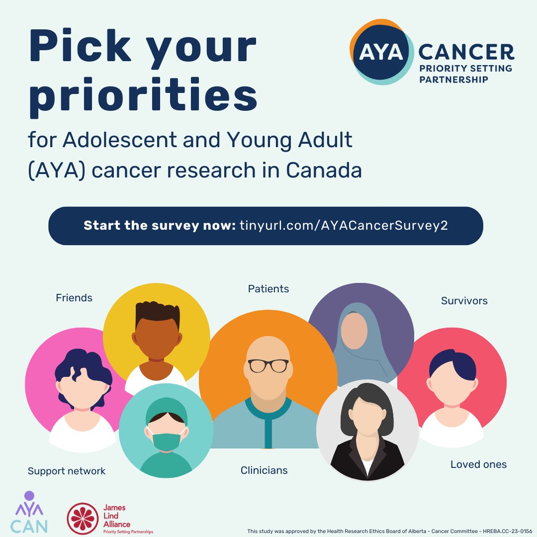 The SECOND national survey for the AYA Cancer Priority Setting Partnership is now live! 📣 

In this survey, we are asking AYAs, their loved ones, and clinicians in 🇨🇦 to pick which priorities are most important for future research

➡️tinyurl.com/AYACancerSurve…

#AYACancerPSP