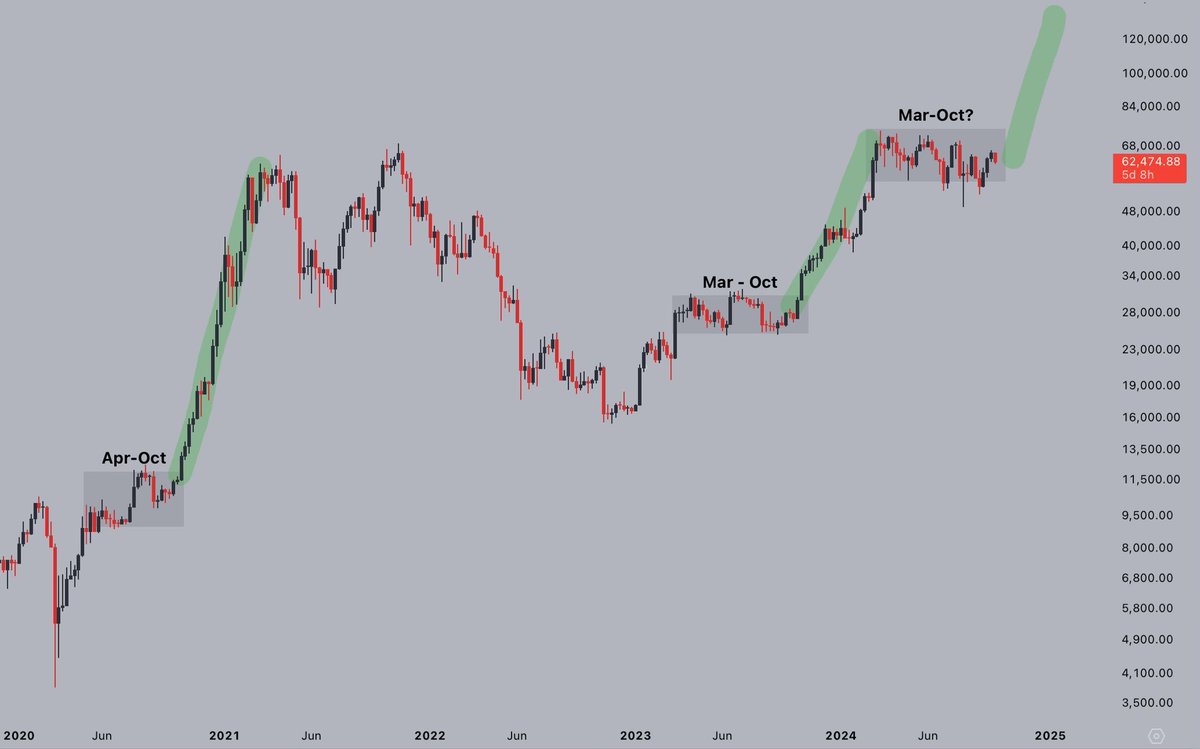 CryptoJelleNL's tweet photo. In the past bull-years, #Bitcoin has taken the summer to recharge, preparing for the next leg higher.

All of those new legs higher started in October - breaking out in the 2nd or 3rd week of the month.

I don't think this year is different.

Final shakeout before new highs. https://t.co/CXEHhebEMU