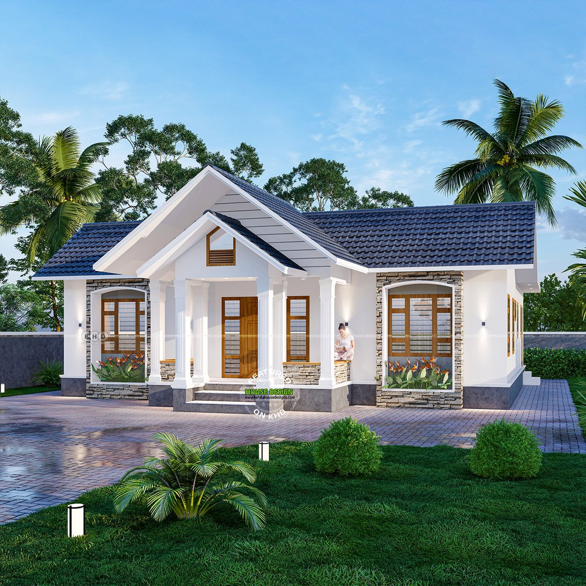 Discover this stunning 1421 sqft 3-bedroom modern house design featuring a  sloping roof, stone cladding, and elegant wooden accents. Perfect for those  who love the blend of modern and traditional styles! Check, image size:1200x1200