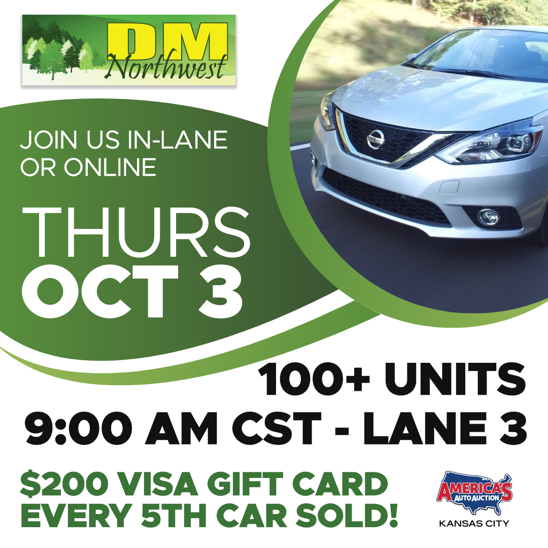 AmericasAAKC's tweet photo. Don't miss out on what DM Northwest has in store - 100+ units in Lane 3 this Thursday. Buy for your chance to win a $200 Gift Card!
Join Us In-Lane or Online with Edge Simulcast - https://t.co/PiDlDkiLxg
#americasautoauction #dmnw https://t.co/JiUUAiULzS