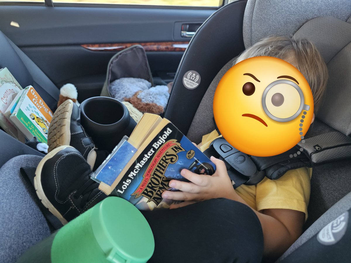 KTalksWriting's tweet photo. Trying to read on the drive back from CO and my little guy kept demanding "Book." Then, pondering for a little while, he would report, "Cool!"

I agree, buddy. It is pretty cool. #amreading #roadtrip #dadthings https://t.co/9bWepu9K5z