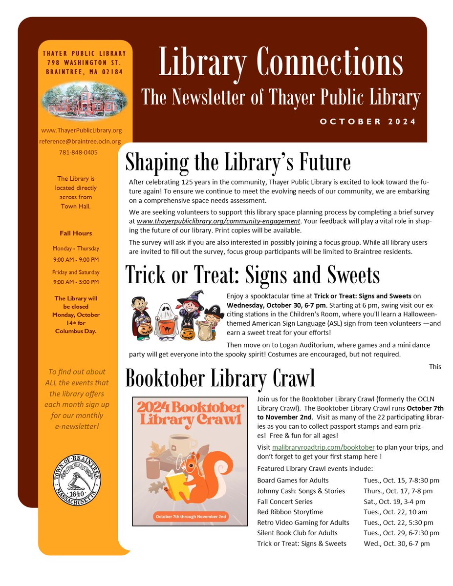 The library will be closed Mon, Oct. 14, for the state holiday, Columbus Day. On Saturday, Oct. 12, we will be  open regular hours, 9 am - 5 pm. Our October newsletter is now online. Be sure to sign up for our monthly e-newsletter while you're there! thayerpubliclibrary.org/events/