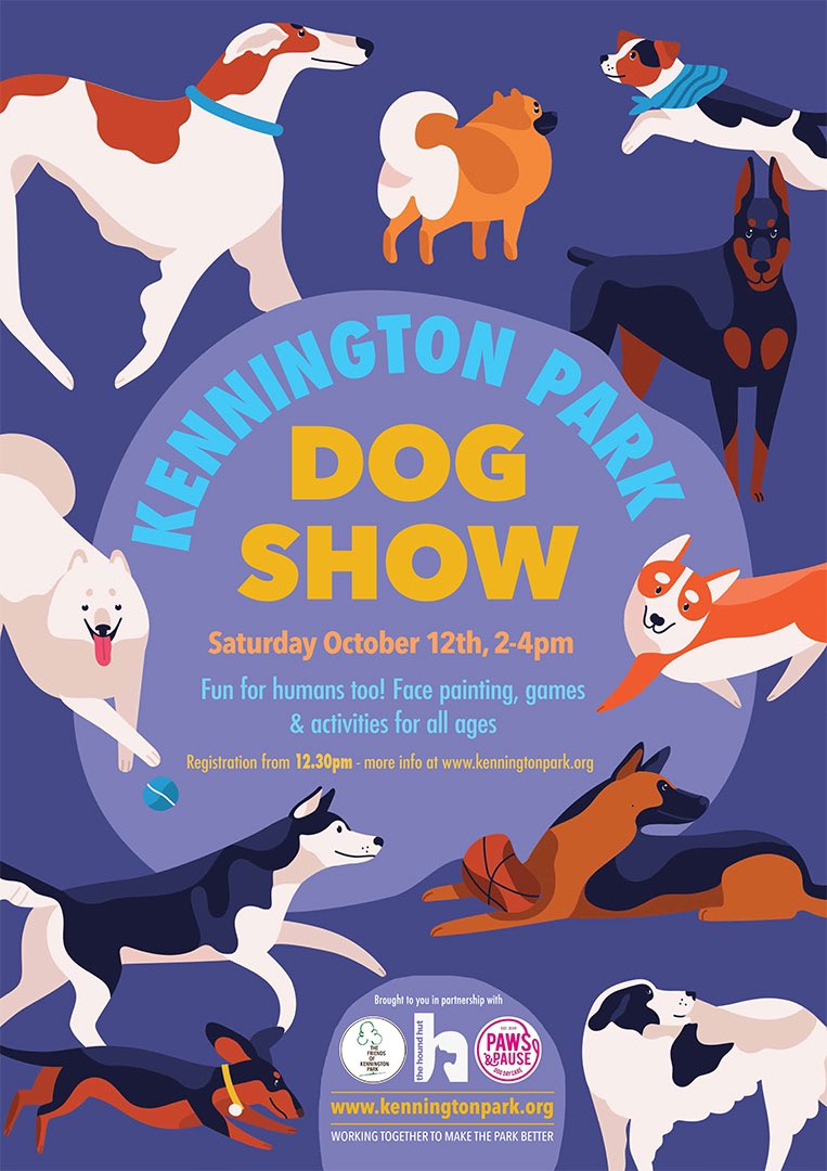 KENNINGTON PARK DOG SHOW!
2-4pm Saturday October 12
Registration &amp; activities from 12.30
Supported by <a href="/ThehoundhutO/">thehoundhut - Oval</a> &amp; Paws &amp; Pause. 
Lots of fun stuff for humans too!
Can you help? We need volunteers! Email friends@kenningtonpark.org 
Categories &amp; deets on website - link in bio👆🏽