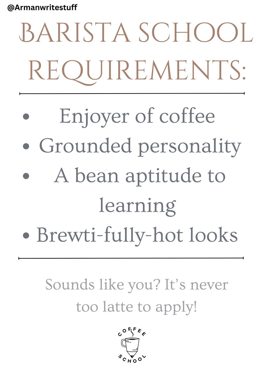 Armanwritestuff's tweet photo. slight variation- make posters advertising #BaristaLessons for #InternationalCoffeeDay2024
@OneMinuteBriefs https://t.co/rTEntcjdxA