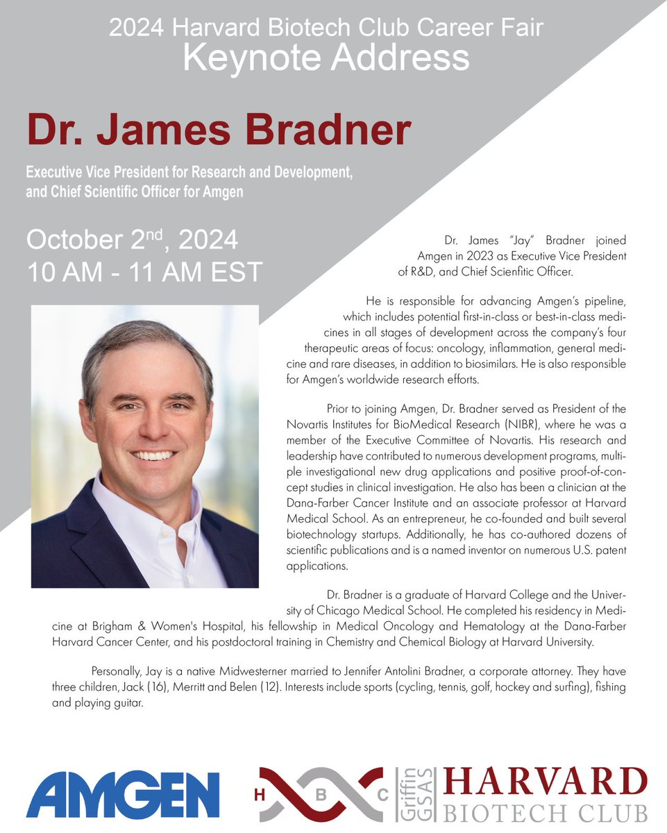 thebiotechclub's tweet image. Less than 48 hours until the HBC Career Fair! We’re excited to welcome Dr. Jay Bradner, the “Father of Open-Source Cancer Research,” as our keynote speaker. Dr.Bradner’s commitment to open collaboration has transformed cancer research. He’ll share insights on biotech innovation.