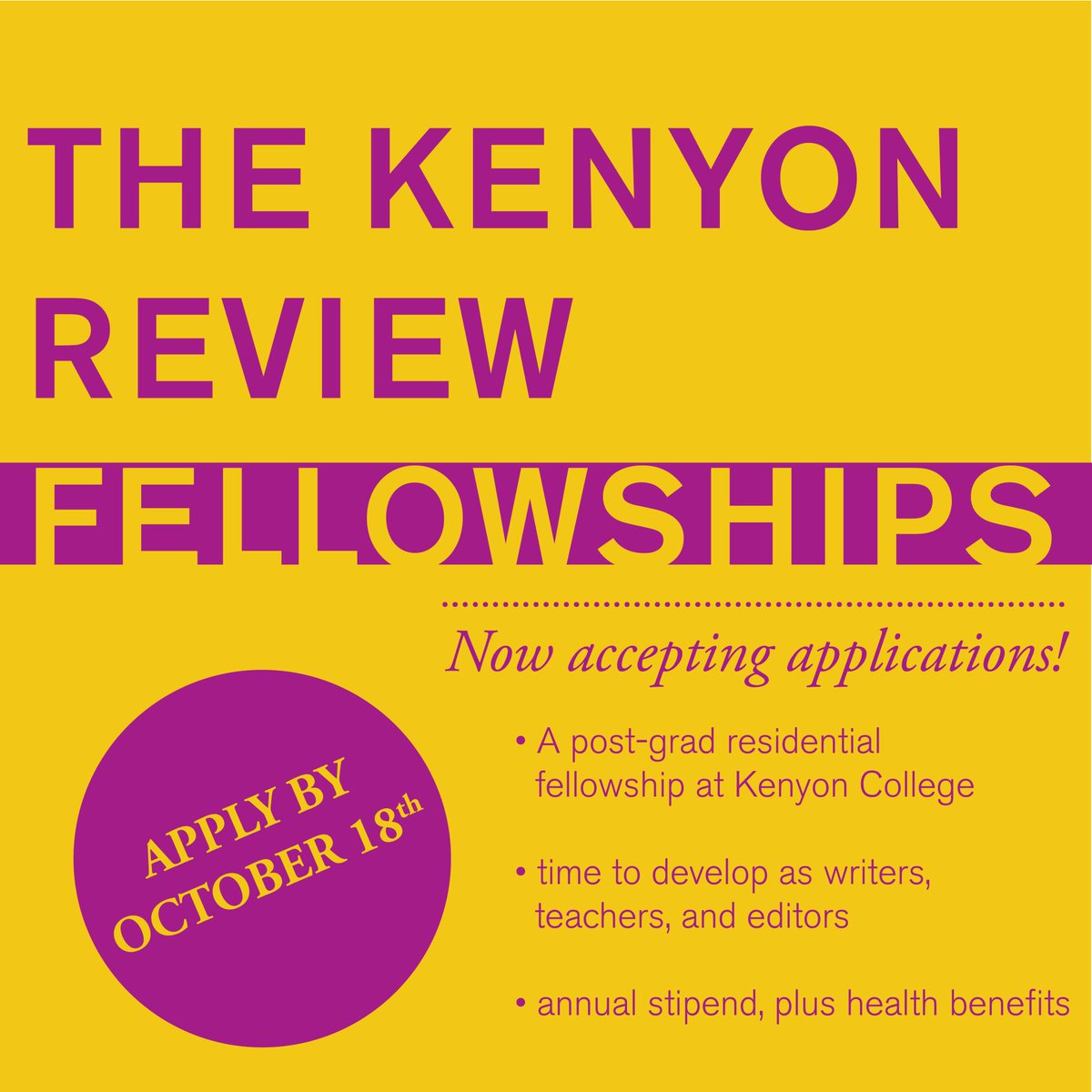kenyonreview's tweet photo. We are now accepting applications for our KR Fellowships! These fellowships fulfill an important aspect of our mission: to recognize, publish, and support extraordinary authors in the early stages of their careers.

Learn more at the link below: 
https://t.co/nSdSWB661z https://t.co/4ETTHnWz11