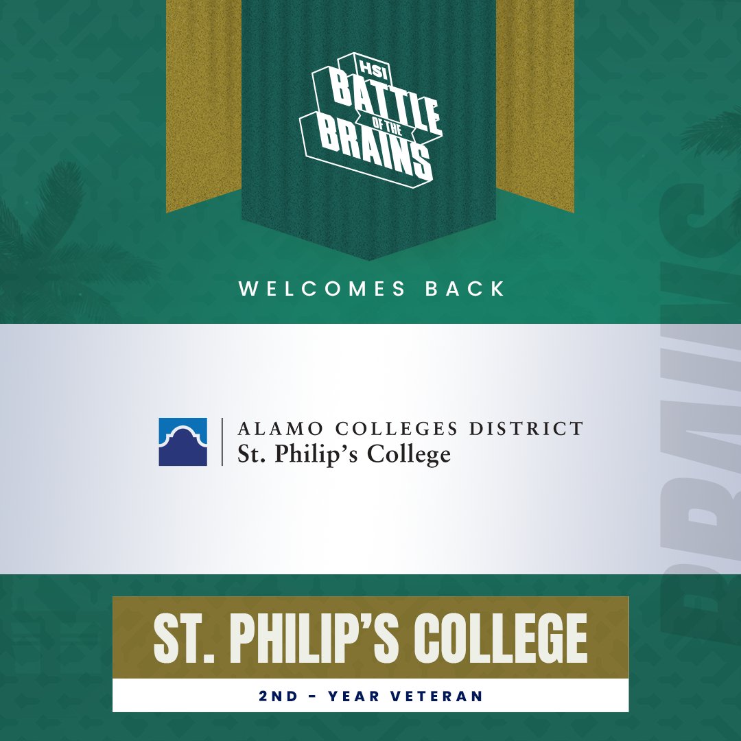 HSI Battle of the Brains (@hsibotbrains) on Twitter photo St. Philip's College (<a href="/GoSPC/">St. Philip's College</a>) is thrilled to be back in the 2024 HSI Battle of the Brains competition. We can't wait to welcome their students to Orlando! #GoSPC #NuestroTiempo #HSIBotBrains #HispanicHeritageMonth St. Philip's College (<a href="/GoSPC/">St. Philip's College</a>) is thrilled to be back in the 2024 HSI Battle of the Brains competition. We can't wait to welcome their students to Orlando! #GoSPC #NuestroTiempo #HSIBotBrains #HispanicHeritageMonth