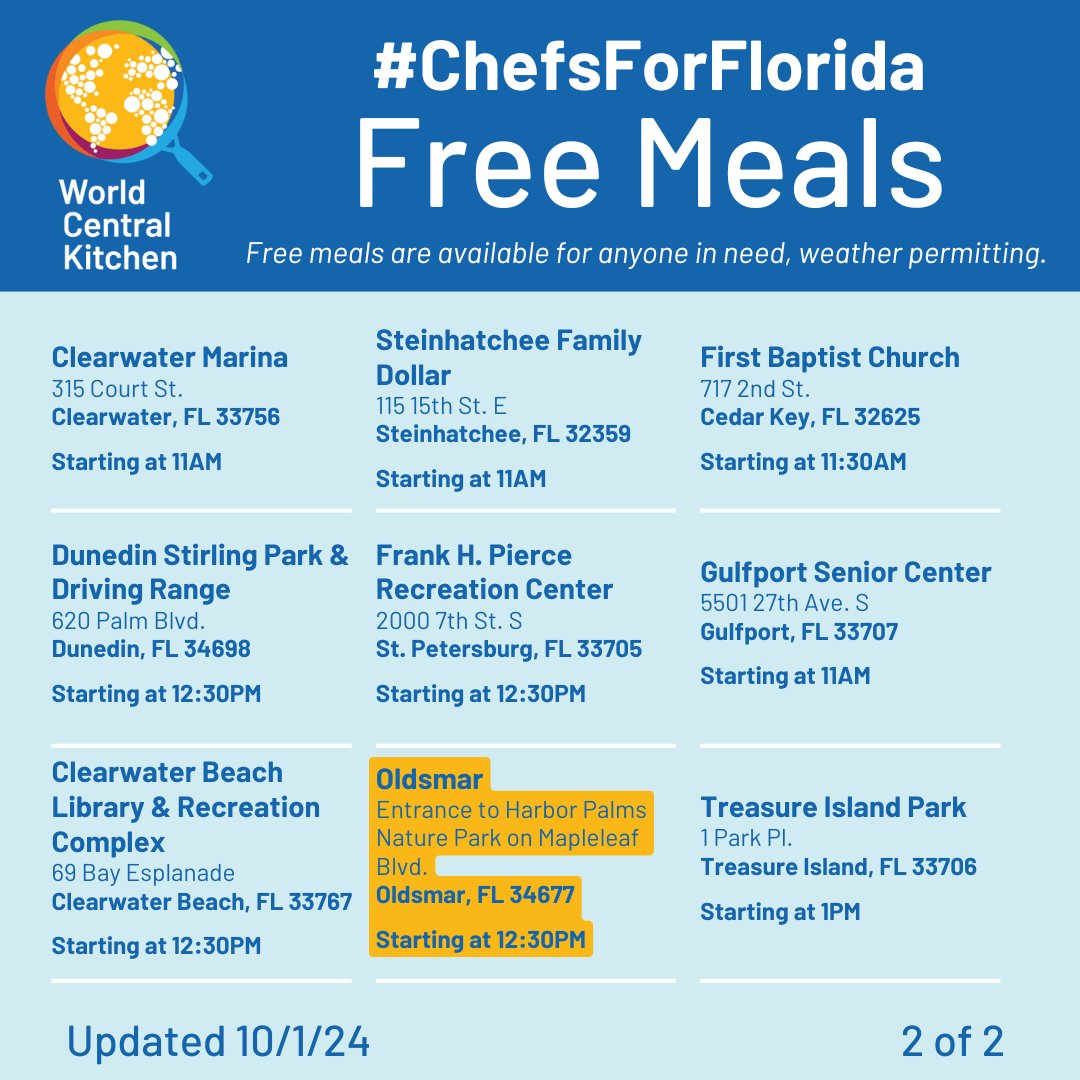WCKitchen's tweet photo. LOCATION CHANGE: We have updated our free meal distribution location in Oldsmar, FL. Please share with anyone in the area in need of support after Hurricane Helene. #ChefsForFlorida https://t.co/gk7gsv56bx