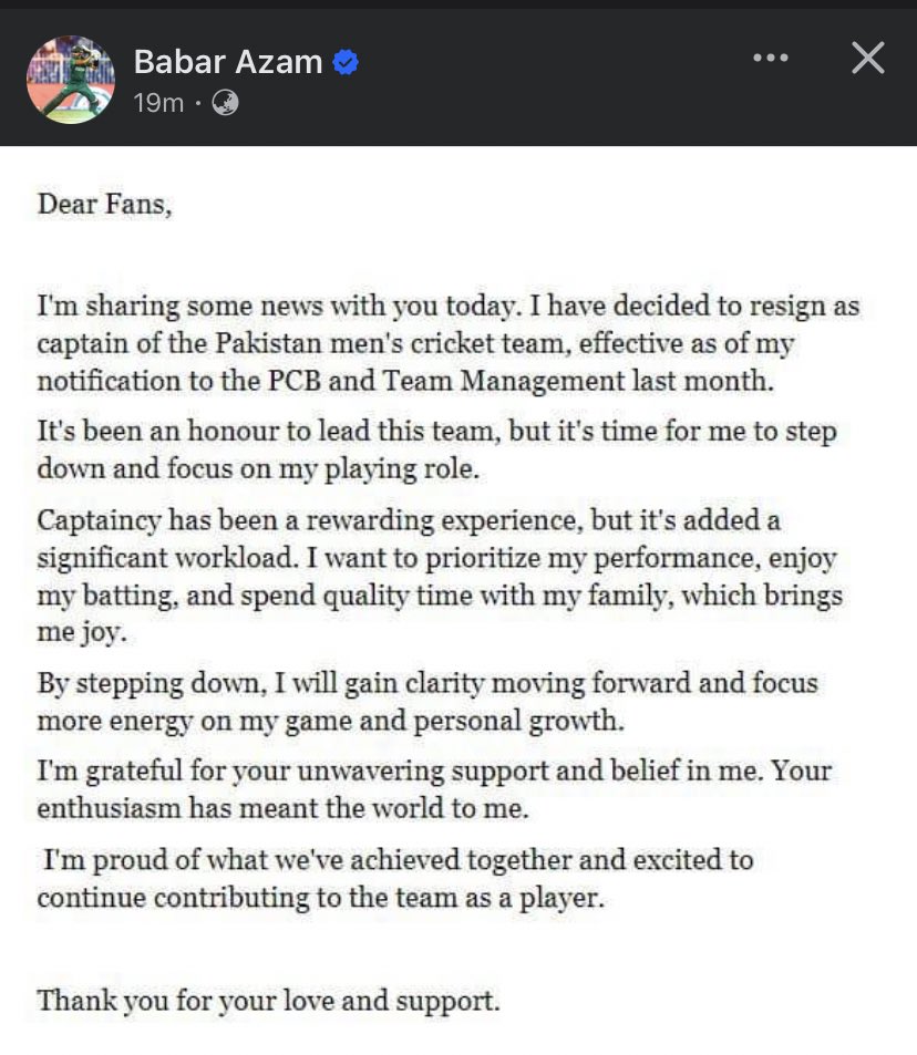 Adv Chaudhry Moaz 💚❤️ (@chmoaz14) on Twitter photo Babar Azam step down as a Pakistan’s ODI and T20’s Captain <a href="/babarazam258/">Babar Azam</a>
#BabarAzam𓃵 #CaptainBabar Babar Azam step down as a Pakistan’s ODI and T20’s Captain <a href="/babarazam258/">Babar Azam</a>
#BabarAzam𓃵 #CaptainBabar
