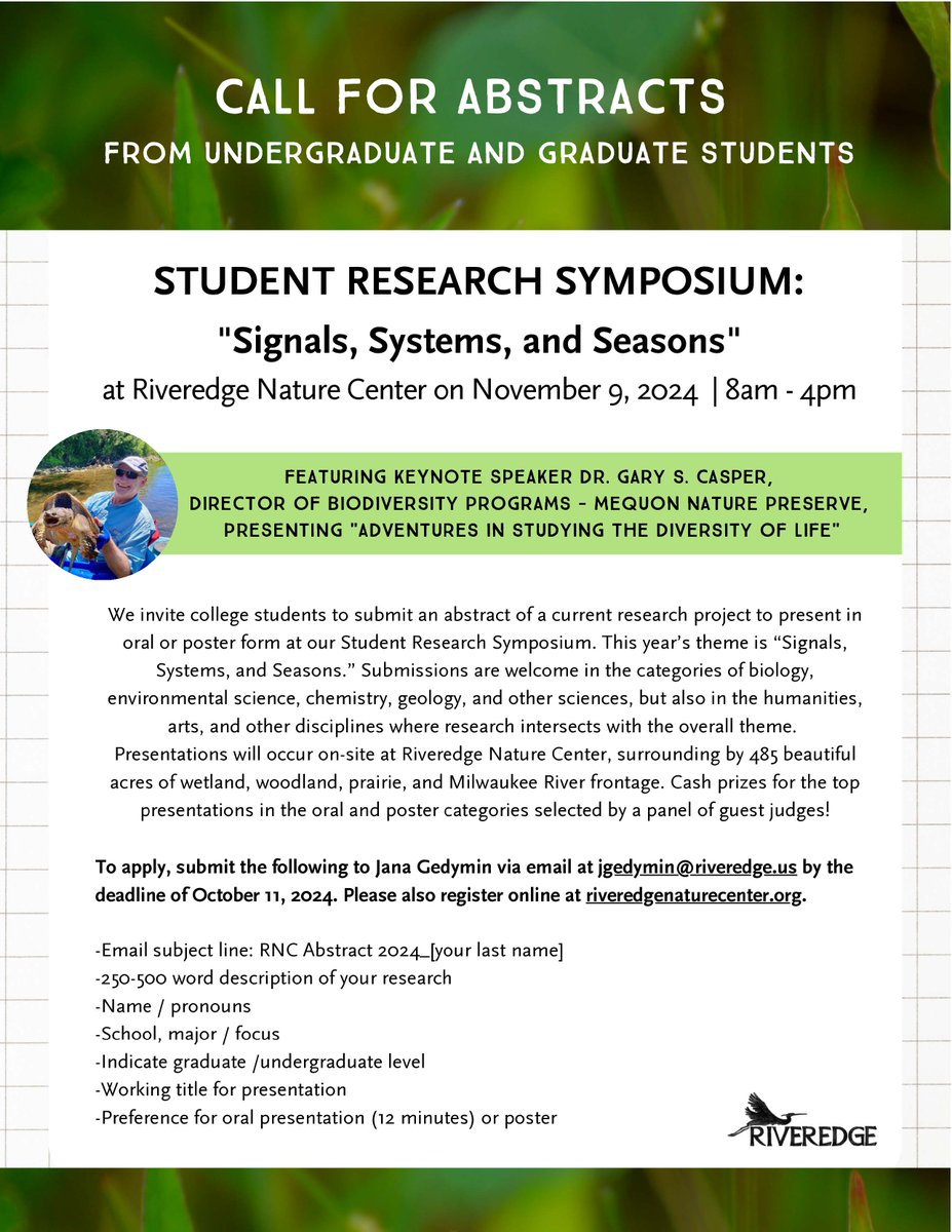 Call for abstracts! Student Research Symposium at <a href="/RiveredgeNC/">Riveredge</a> on Saturday, November 9th!
Undergrad and graduate students will present their research. Register by October 11, 2024 to have your abstract considered! 
#studentresearch #researchsymposium