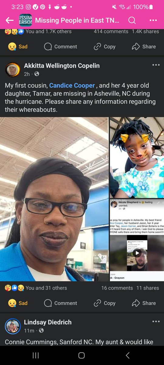 Sassafrass_84's tweet photo. Akkitta Wellington Copelin is looking for her first cousin Candace Cooper and her 4 yr old daughter Tamar. Last seen in Asheville, North Carolina. 

If you see or hear anything, please contact your local authorities. 

Please share this out. #MISSINGPERSON #Helene24Help https://t.co/wkqcE3sGYI