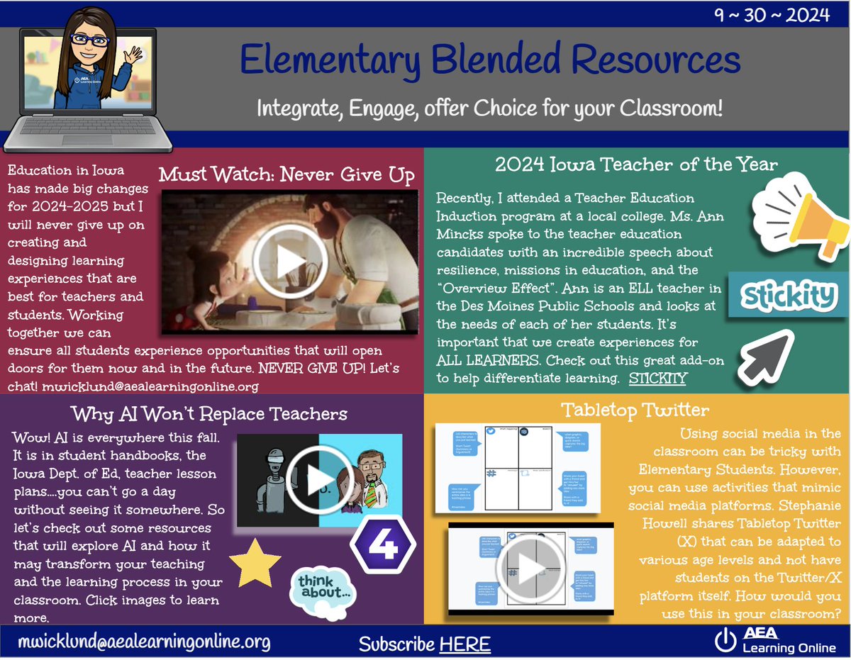 Elementary Blended Newsletter
🧀 Cheese Soup
💻 AI
📣 Stickity
🆇 Twitter Activity
🔗 bit.ly/093024News
Check out the newsletter to find out more about these interesting topics. Make sure to subscribe to get it in your inbox!