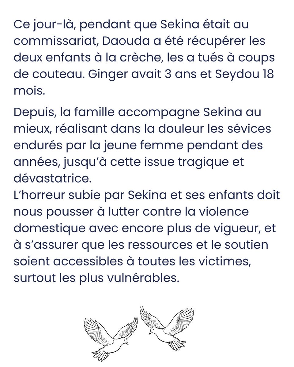 proteger_enfant's tweet photo. 🔶 Un jour, Sekina a fini par trouver le courage et la force de porter plainte. Ce jour-là, pendant que Sekina était au commissariat, Daouda est allée récupérer les deux #enfants à la crèche, les a #tués à coups de couteau. Ginger avait 3 ans et Seydou 18 mois.
#infanticides https://t.co/VbQ4UtTFuR