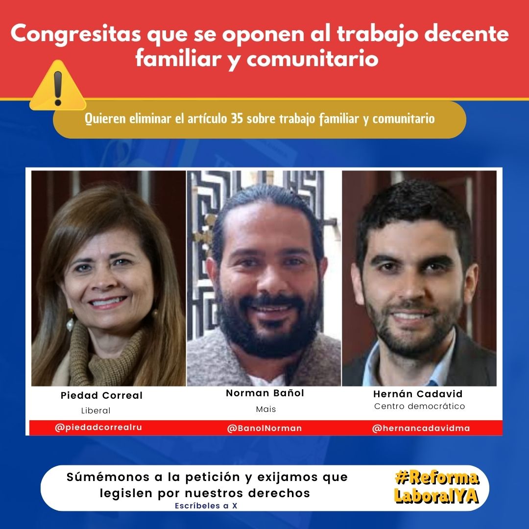 Queremos que la #ReformaLaboralYa sea una realidad en 🇨🇴

👩‍👦El trabajo familiar y comunitario debe ser reconocido como un trabajo con derechos

✊🏻Exigimos a #Congresistas a reconocer esta labor tan importante en 🇨🇴

#TrabajoFamiliarYComunitario