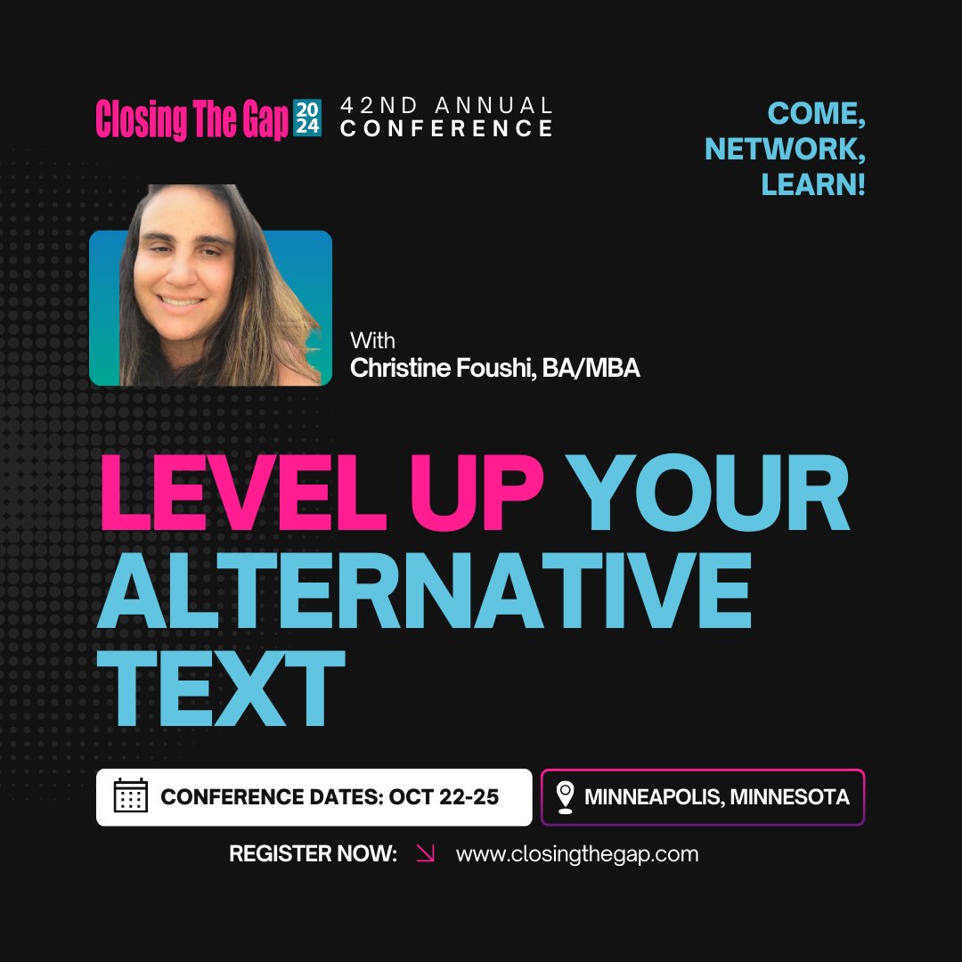 cfoushi's tweet image. What? Another announcement? 

If you&apos;re looking for a fun &amp;amp; interactive session about AI, accessibility and creating alt text (with a side of mom jokes) I&apos;m presenting at 3:20 p.m., Thurs., Oct. 24 at Closing The Gap in Minneapolis.

#CTG2024 #accessibility #epubs #ai