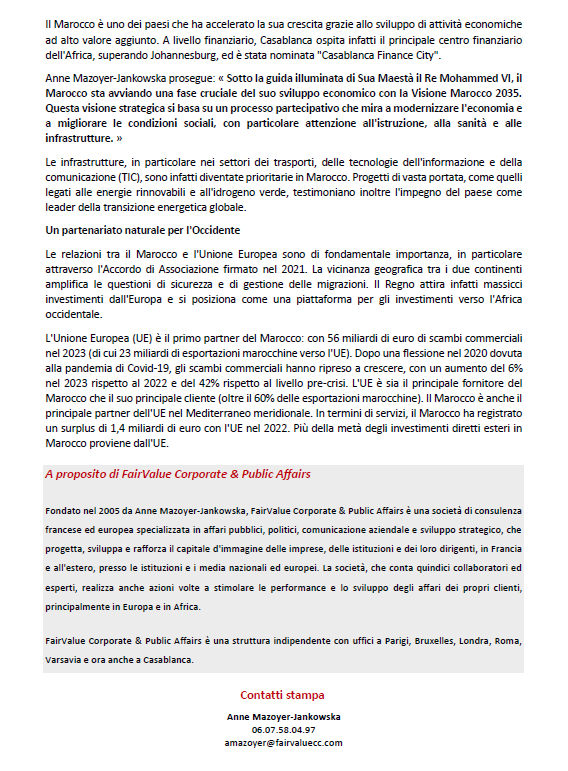 FairValue_EU's tweet photo. Comunicato stampa🗞️

@FairValue_EU annuncia l'apertura di F.V. Corporate &amp; Public Affairs Morocco a Casablanca. 🇪🇺🇲🇦 https://t.co/Dc4hjKBF9Y