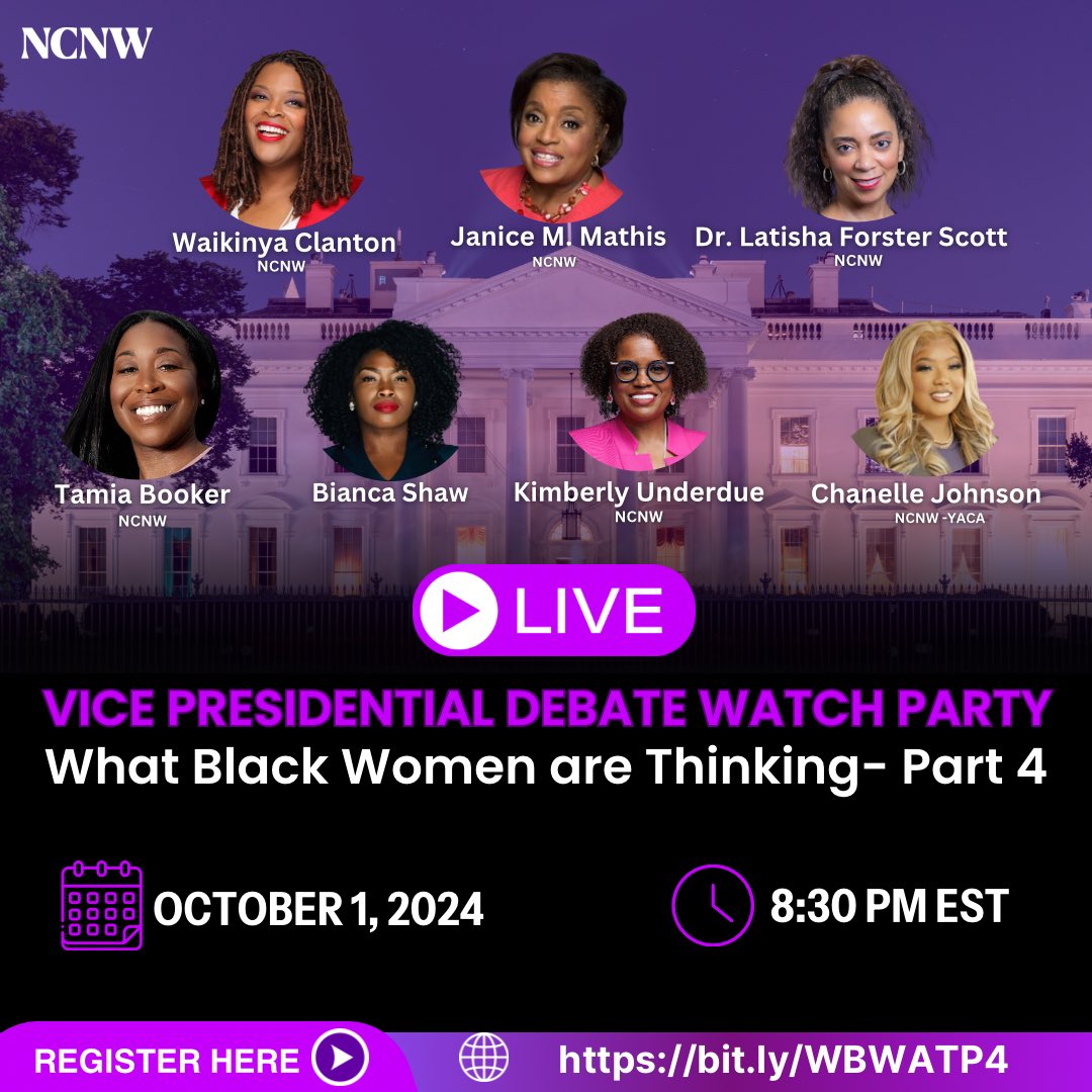 Tune in TONIGHT at 8:30 PM EST for the Vice Presidential Debate Watch Party! Be ready to hear what Black women are thinking and expecting from the next administration. Don’t miss it—register via the #linkinbio!