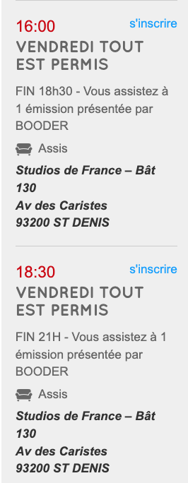 ZoomDesMedias's tweet image. A noter que @Booder_officiel présentera "à nouveau" #VTEP. Il animera 2 n° qui seront enregistrés LUNDI 21/10 (le dernier jour des 4 jours de tournage)

⚠️ créneau de 16h COMPLET. Encore dispo pour le créneau de 18h30 emissions-tv.com/emissions/619/…

@AgenceCassandra @Arthur_Officiel