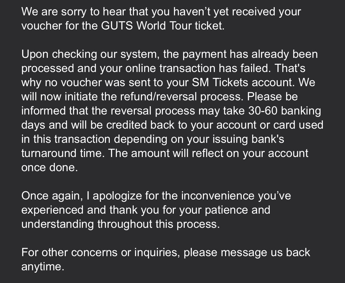foxzzine's tweet photo. i guess d early tickets we secured during sept 14 are gone forever 🥲 would not wish the amount of stress this ticketing process put me through on anyone.
#GUTSTourManila #NoToRefund https://t.co/Ub2fpOs3WZ