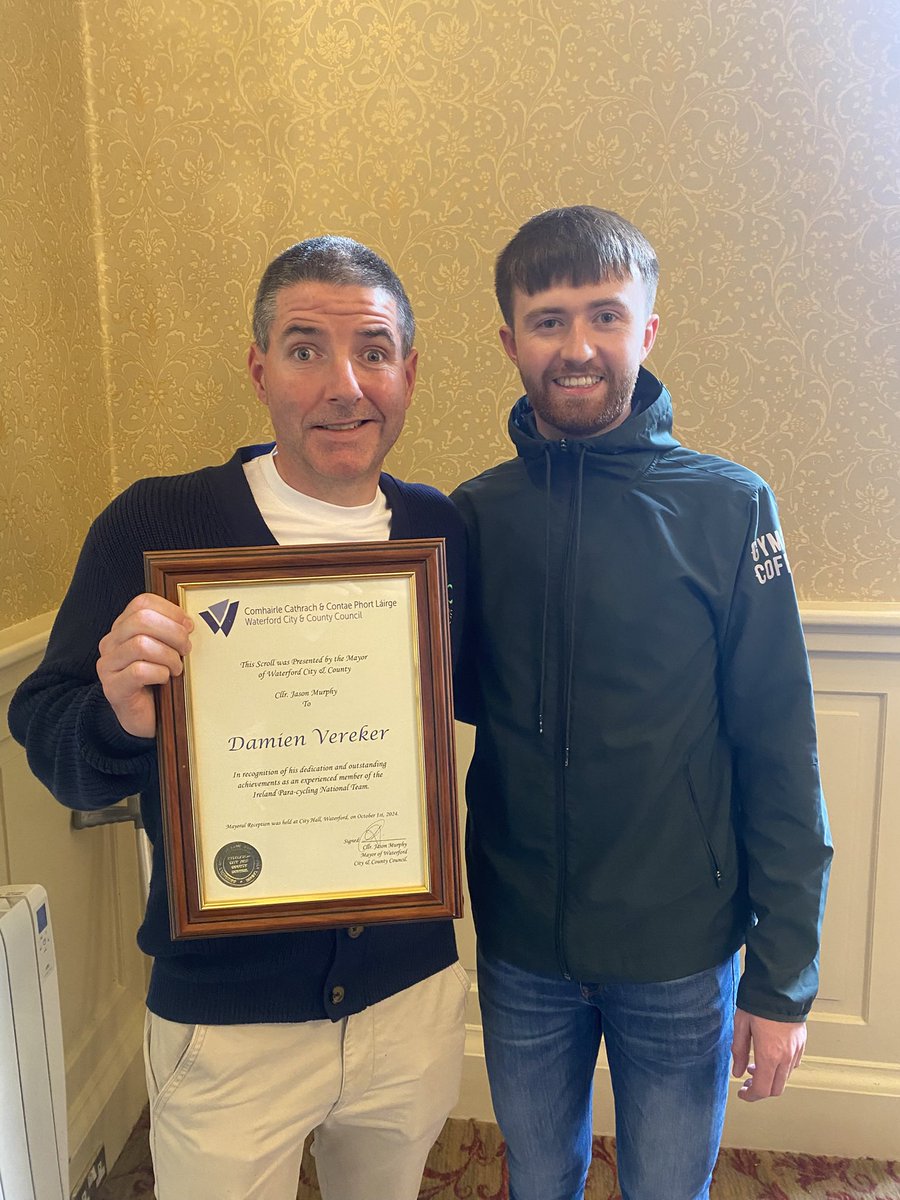 Darragh Whelan (@darraghwhelan00) on Twitter photo Delighted to be in attendance at the Mayoral Reception held at City Hall this afternoon by the Mayor of Waterford City & County, Cllr. Jason Murphy, for two-time paralympian Damien Vereker.
Congratulations Damien 👏
<a href="/WaterfordCounci/">Waterford City & County Council</a>
<a href="/CyclingIreland/">Cycling Ireland</a>
<a href="/ParalympicsIRE/">Paralympics Ireland</a> Delighted to be in attendance at the Mayoral Reception held at City Hall this afternoon by the Mayor of Waterford City & County, Cllr. Jason Murphy, for two-time paralympian Damien Vereker.
Congratulations Damien 👏
<a href="/WaterfordCounci/">Waterford City & County Council</a>
<a href="/CyclingIreland/">Cycling Ireland</a>
<a href="/ParalympicsIRE/">Paralympics Ireland</a>