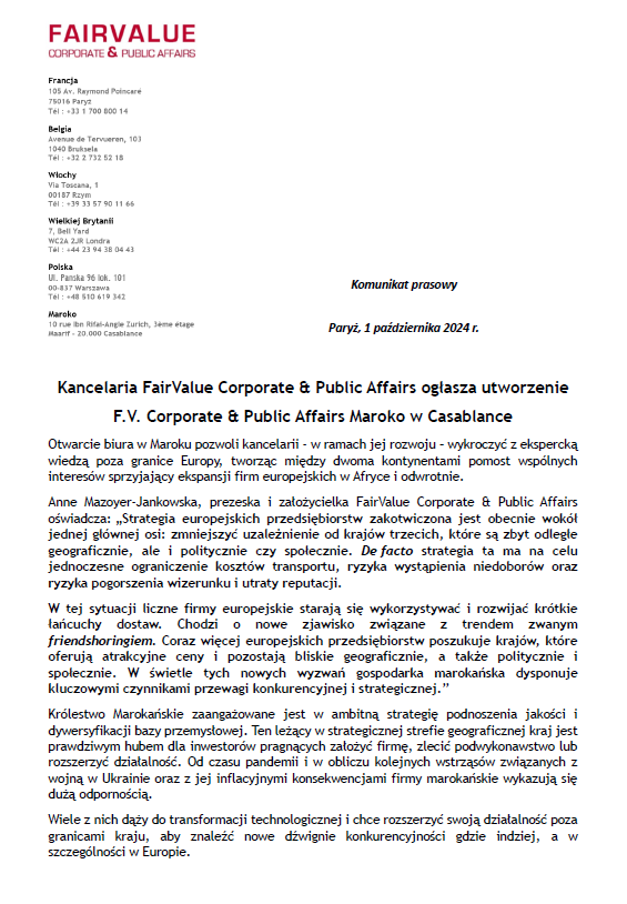 FairValue_EU's tweet photo. Komunikat prasowy🗞️

@FairValue_EU ogłasza otwarcie F.V. Corporate &amp; Public Affairs Maroko w Casablance. 🇪🇺🇲🇦 https://t.co/CqYTz4yQS1
