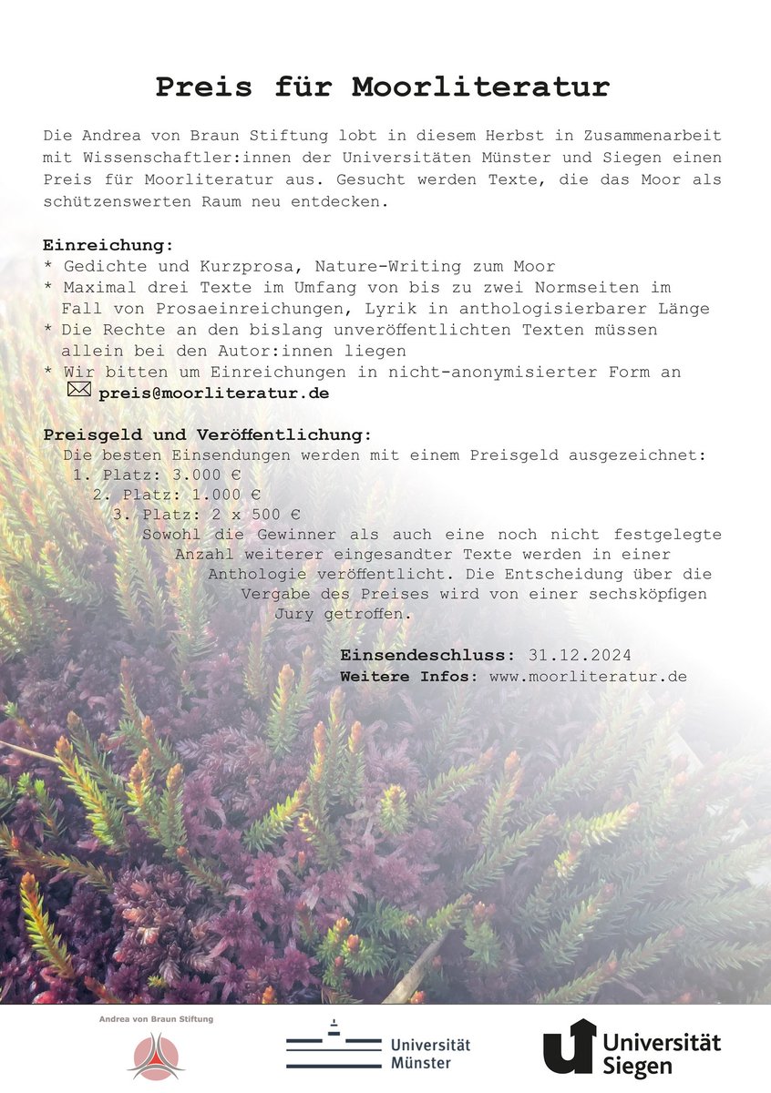 Doctoressa ecstatica (@_baldanders) on Twitter photo Zusammen mit der Andrea von Braun- Stiftung schreiben <a href="/NielsPenke/">Niels Penke @npenke.bsky.social</a> und ich einen Preis für Moorliteratur aus. Texte können bis zum 31.12. eingesandt werden. Alle Details findet ihr hier: moorliteratur.de. Bitte teilen! Zusammen mit der Andrea von Braun- Stiftung schreiben <a href="/NielsPenke/">Niels Penke @npenke.bsky.social</a> und ich einen Preis für Moorliteratur aus. Texte können bis zum 31.12. eingesandt werden. Alle Details findet ihr hier: moorliteratur.de. Bitte teilen!
