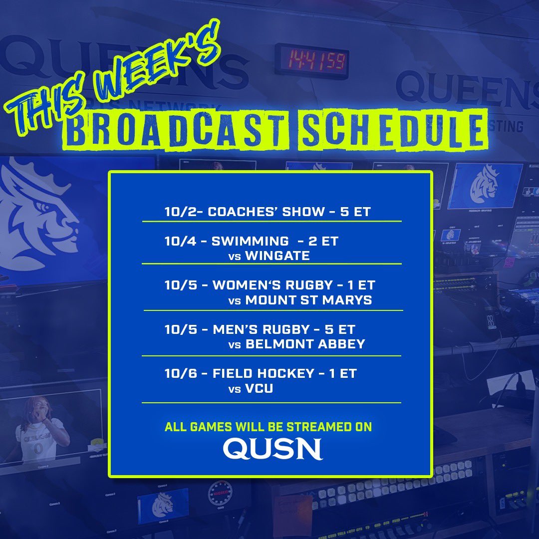 QUSportsNetwork's tweet photo. 📣THIS WEEK’S BROADCAST SCHEDULE📣
We are kicking off our week with the first Coaches’ Show of the year tomorrow night!
🦁What’s on? This week is filled with swimming, rugby, and field hockey!
📺All games will be on QUSN 
📺Coaches’ Show will be on QueensSportsNetwork YouTube https://t.co/e0zEZZb7Q3
