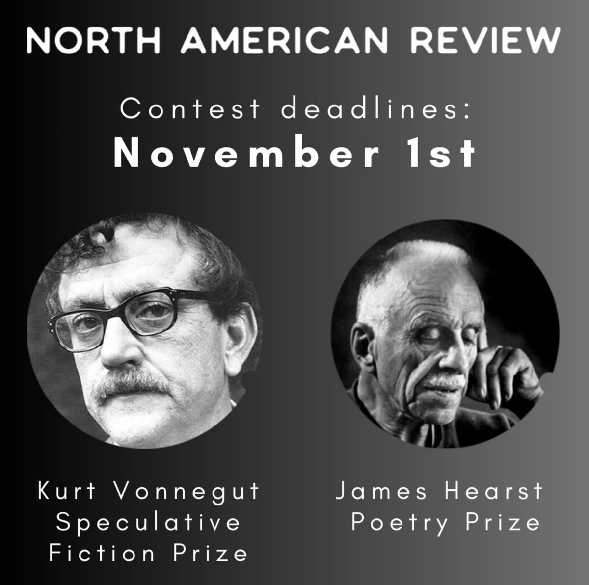NorthAmerReview's tweet image. Happy October! This is the final month to submit work for the Vonnegut Speculative Fiction Prize judged by Kevin Brockmeier, and the Hearst Poetry Prize, judged by Stephanie Burt. Winner of each Prize receives $1,000. For contest details and to submit: northamericanreview.org/submit