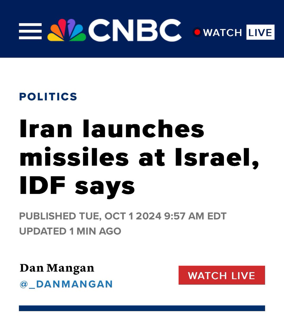 ChinasaNworu's tweet photo. Breaking News !

Iran has launched missiles toward Israel on Tuesday, the Israeli military said.

The announcement by the Israel Defense Forces came hours after a White House official told NBC News that the United States had seen indications that Iran is preparing to "imminently" launch a ballistic missile attack on Israel on the heels of Israel's ground incursion into south Lebanon.
@radiobiafralive