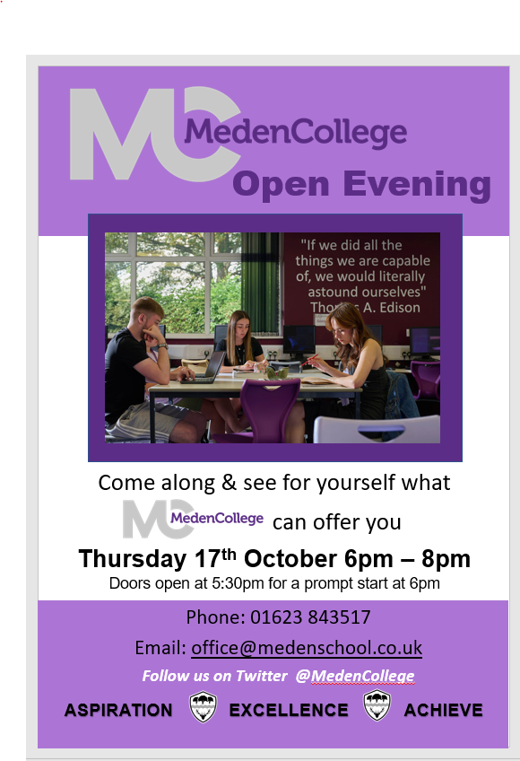 Meden College Open Evening. Come &amp; join us to see what we can offer you for enrollment September 2025.
#aspiration #excellence #achieve